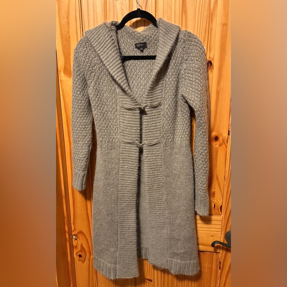 Cocogio Italy Womens Mohair Wool Blend Long Sweater Tan Cardigan Hood Toggles